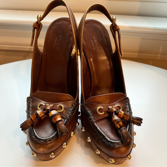GUCCI Brown Leather Wood Platform Clog Slingback Heel - Picture 1 of 4